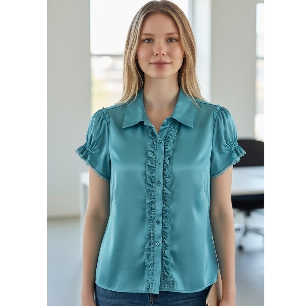 Bob Mackie Studio Teal Satin Ruffle Lace Trim Puff Sleeve Blouse Size 10 NEW